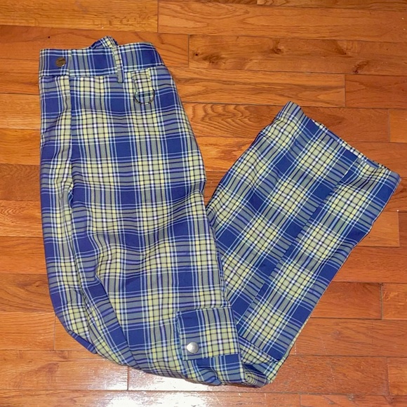 Blue and green plaid wide leg cargo pants with silver metal details - Picture 1 of 1